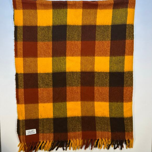 Vintage Faribo Wool Blend Plaid Fringed Throw Blanket in Orange, Brown and Gold - Picture 1 of 7
